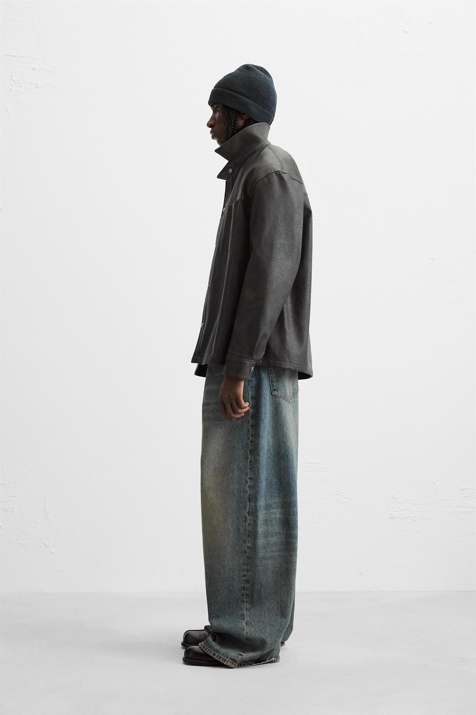 WASHED FAUX LEATHER OVERSHIRT Product Image