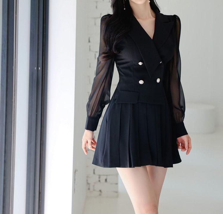 Long-Sleeve Plain Pleated Double-Breasted Mini A-Line Blazer Dress Product Image