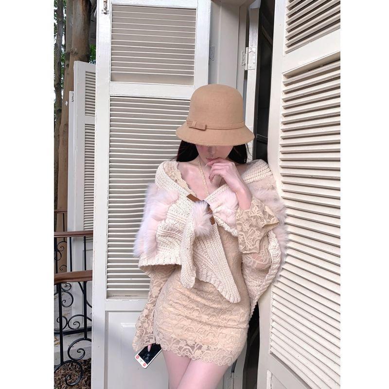 Long-Sleeve Halter Neck Off-Shoulder Plain Lace Mini Bodycon Dress Product Image