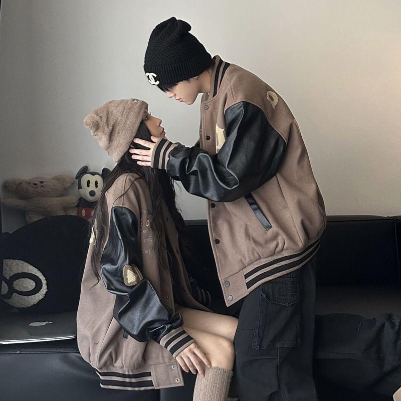 Couple Matching Letter Embroidered Faux Leather Panel Single-Breasted Baseball Jacket Product Image