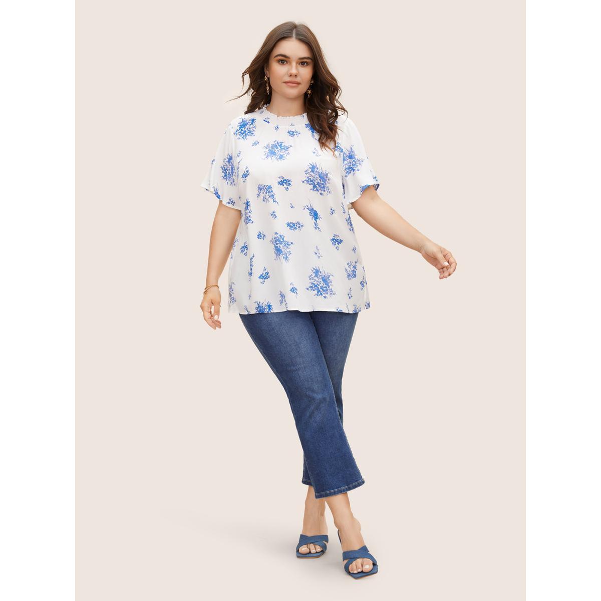 Plus Size Mediumblue Wrap Collar Floral Ruffle Sleeve Blouse Women Elegant Short sleeve Wrap collar Everyday Blouses BloomChic 26/4X Product Image