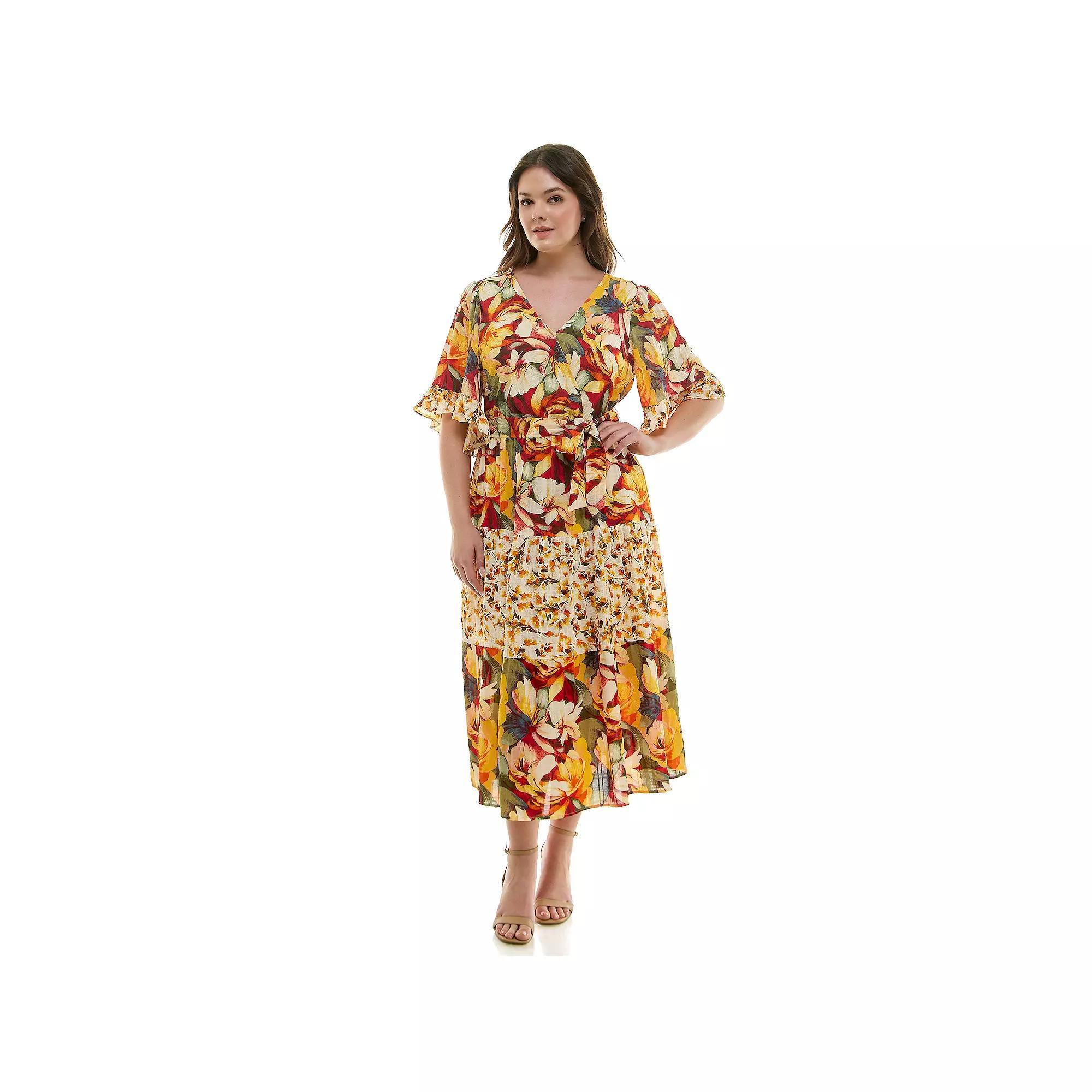 Plus Size Figueroa & Flower Printed V-Neck Tiered Maxi Dress, Women's, Size: 1XL, Olive Yellow Product Image