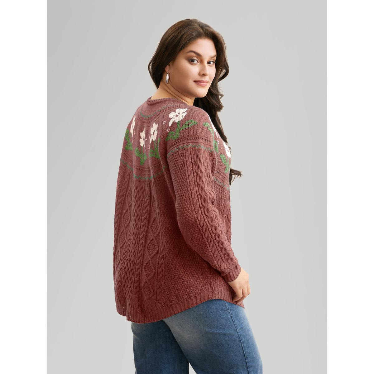 Plus Size Floral Jacquard Raglan Sleeve Pullover Russet Women Casual Long Sleeve Round Neck Everyday Pullovers BloomChic 10/M Product Image