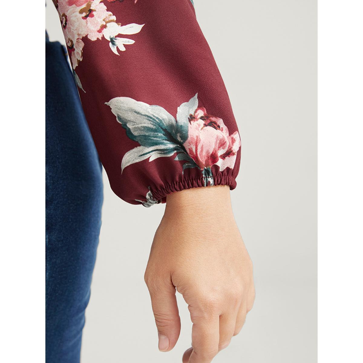 Plus Size Burgundy Floral Lantern Sleeve Zipper V Neck Blouse Women Elegant Long Sleeve V-neck Dailywear Blouses BloomChic 26/4X Product Image