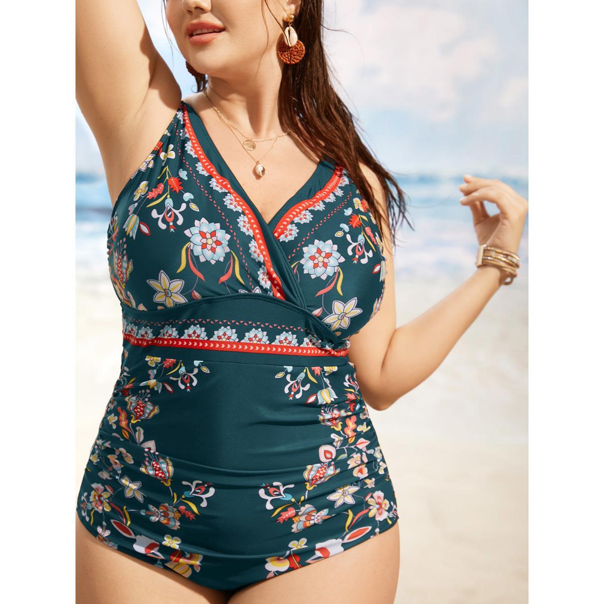Plus Size Boho Print Surplice Neck Ruched One Piece Swimsuit Women's Swimwear Cyan Beach Gathered Curve Bathing Suits High stretch One Pieces BloomChic 26/4X Product Image