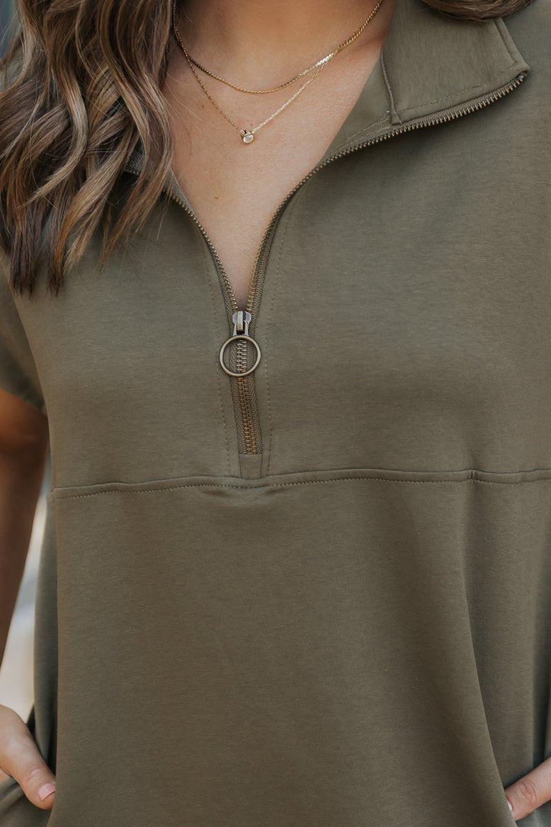 Olive Half Zip Short Sleeve Mini Dress - FINAL SALE Product Image