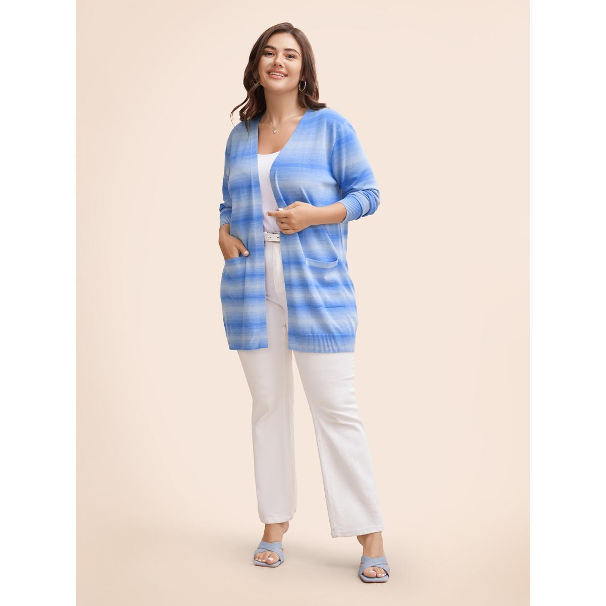 Plus Size Heather Ombre Kimono Collar Pocket Cardigan LightBlue Women Casual Loose Long Sleeve Everyday Cardigans BloomChic 12/L Product Image