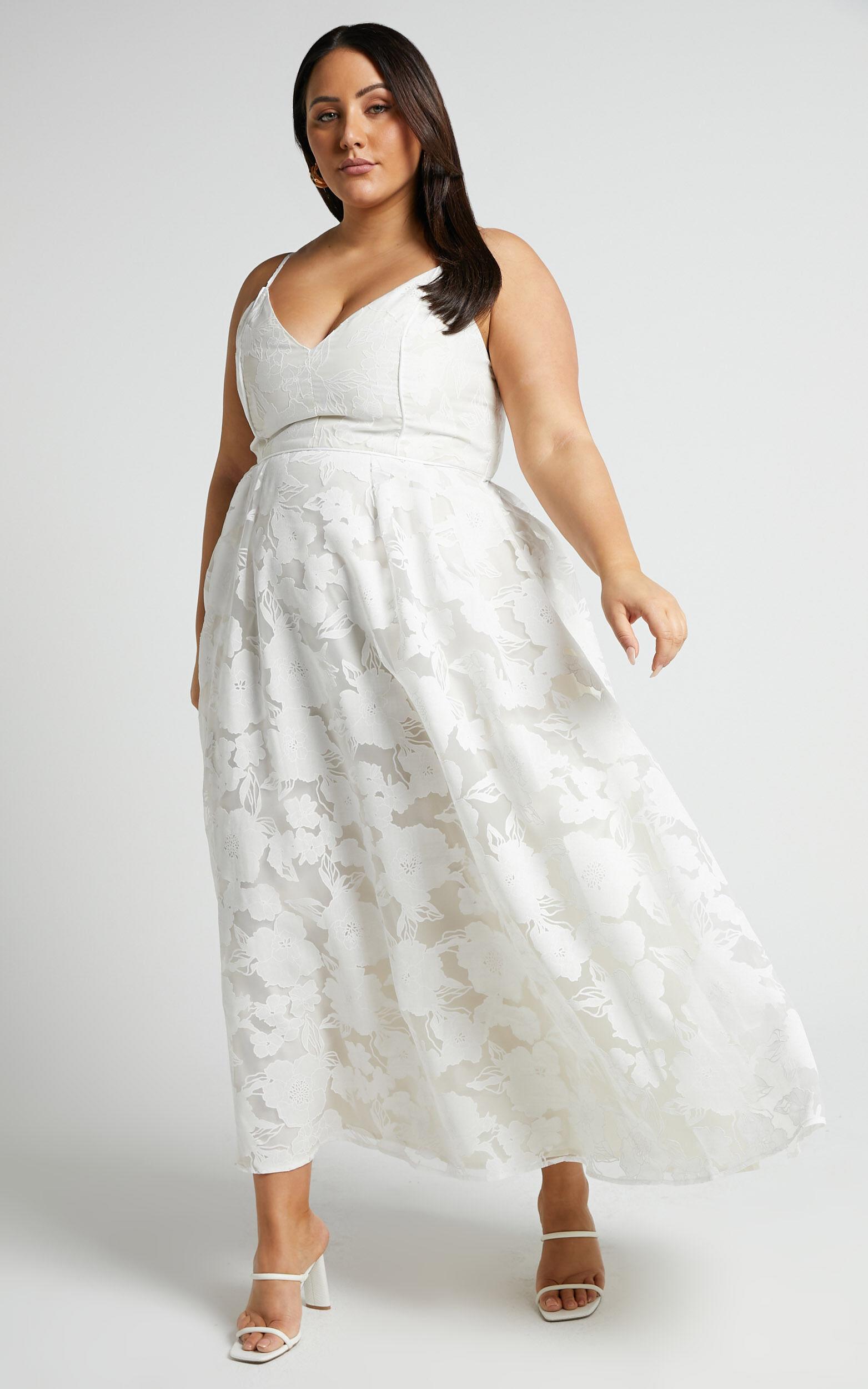 Philine Midi Dress - Jacquard Plunge Fit and Flare Dress in White Product Image