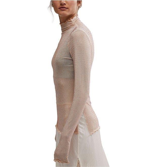 Free People Dance All Night Sheer Embellished Mesh Mock Neck Long Sleeve Fitted Top Product Image