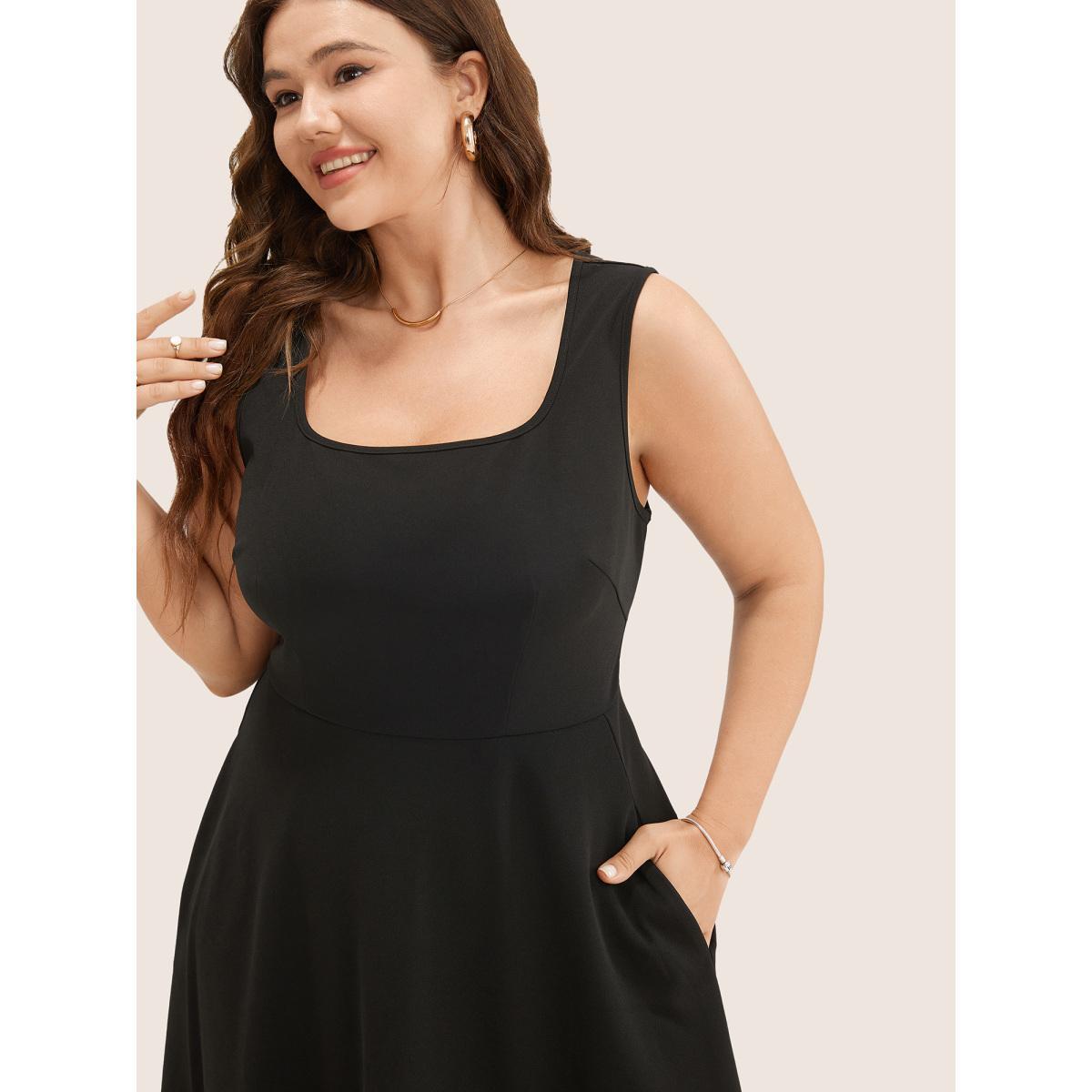Plus Size Solid Pocket Sleeveless Ruffle Hem Tank Dress Black Women Workwear Essentials Non Round Neck Sleeveless Curvy Midi Dress BloomChic 14-16/1X Product Image