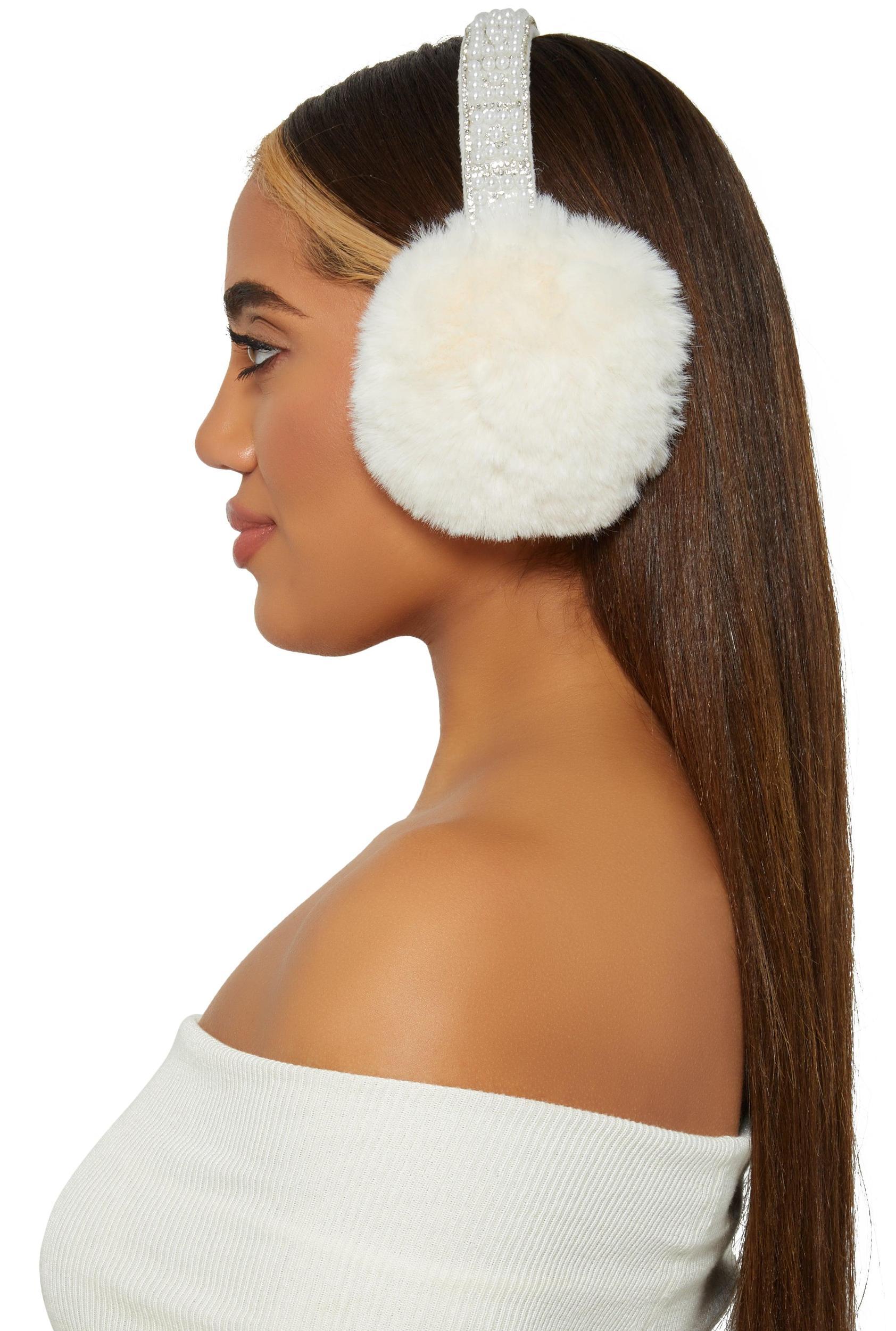 Womens Faux Fur Pearl Studded Faux Fur Earmuffs Product Image