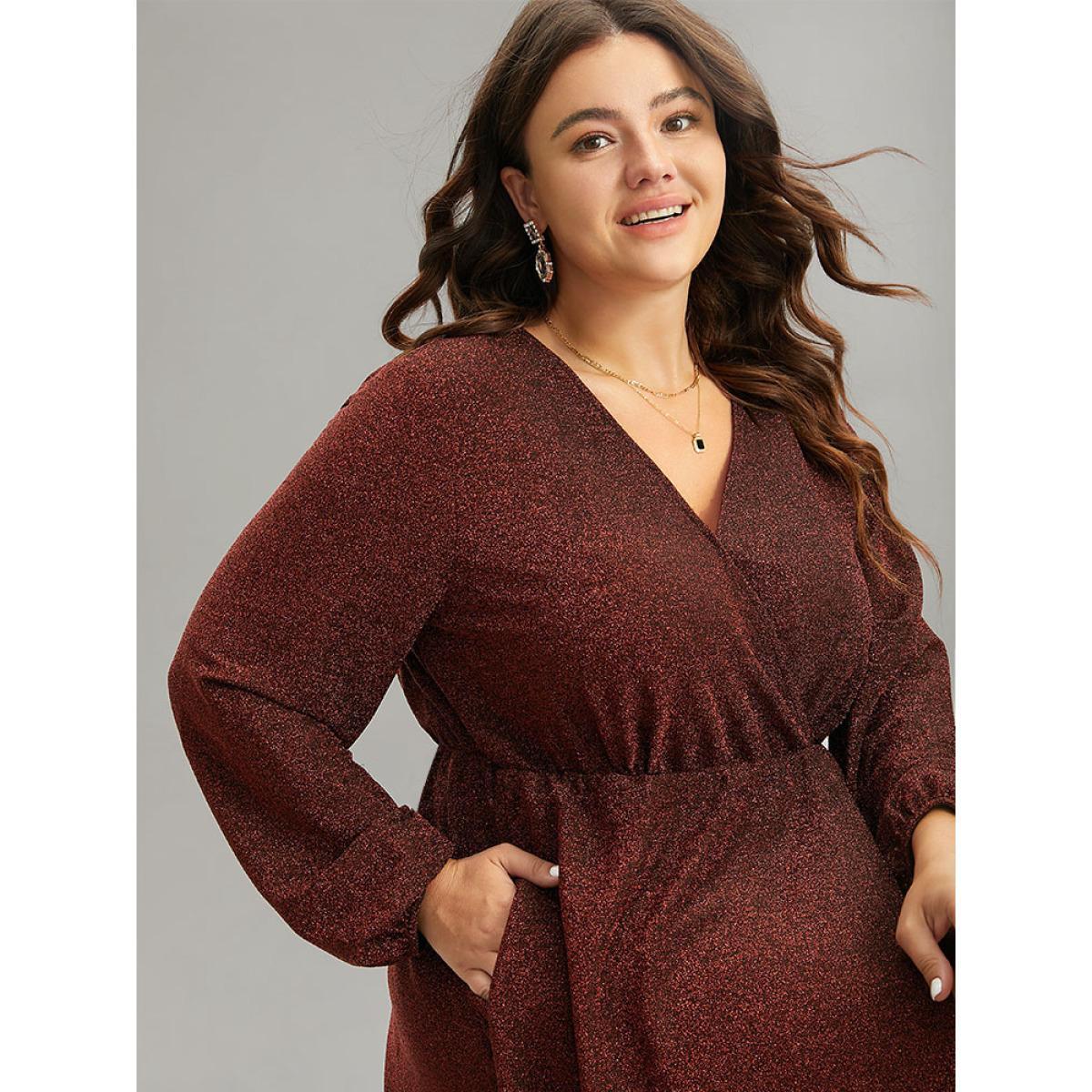Plus Size Luxe Overlap Collar Gathered Split Hem Dress Scarlet Women Glamour Elastic cuffs Overlap Collar Long Sleeve Curvy Midi Dress BloomChic 14-16/1X Product Image