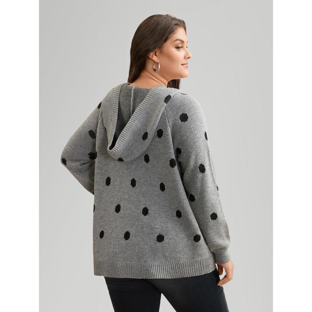 Plus Size Polka Dot Hooded Patch Pocket Pullover Mediumgray Women Casual Loose Long Sleeve Hooded Everyday Pullovers BloomChic 12/L Product Image