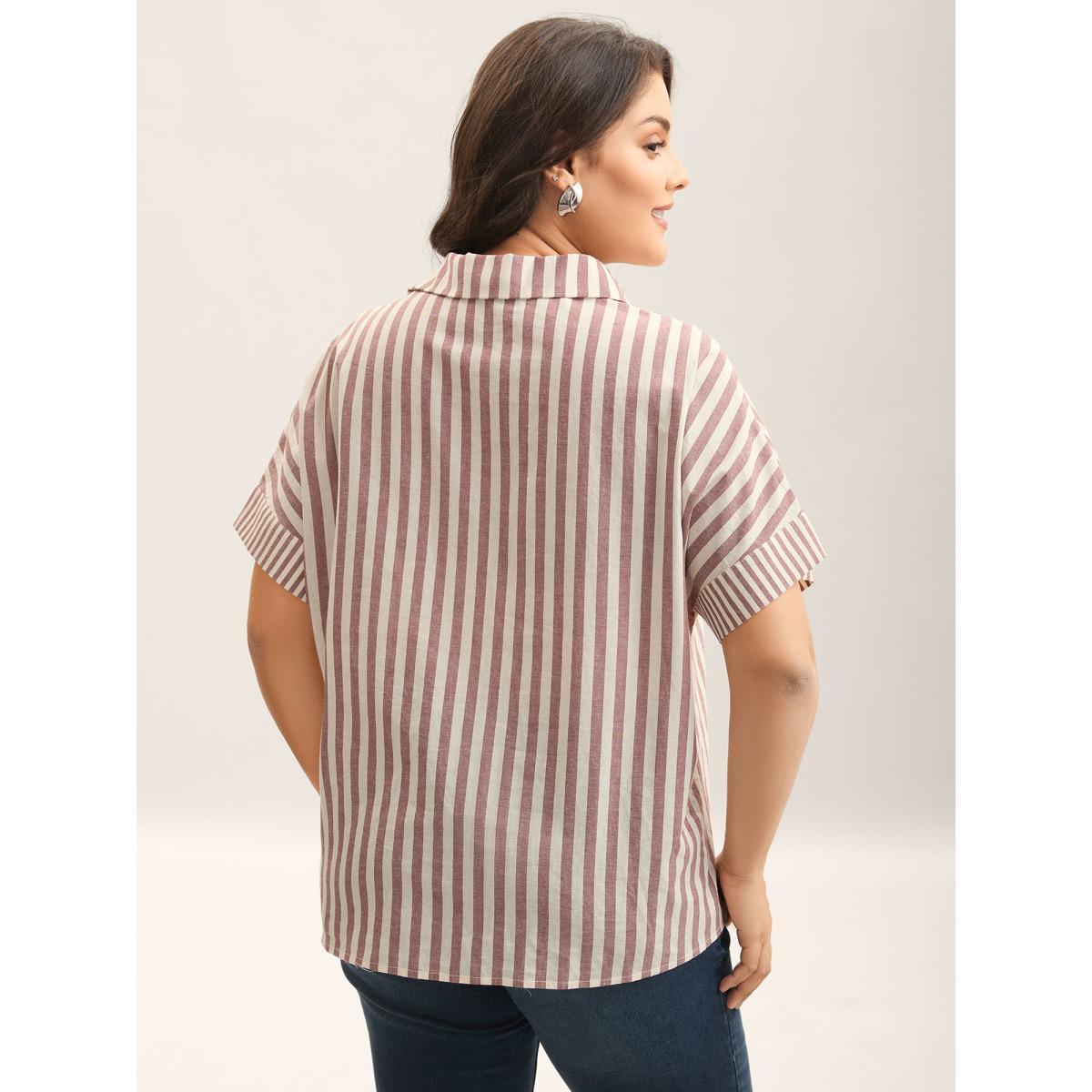Plus Size Russet Cotton Striped Dolman Sleeve Blouse Women Short sleeve Shirt collar Work Blouses BloomChic 14-16/1X Product Image