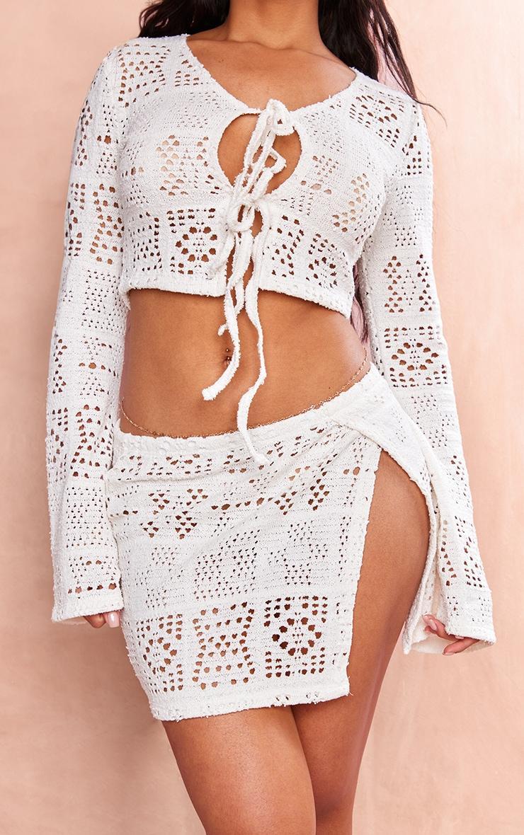 Cream Crochet Tie Front Beach Top And Mini Beach Skirt Set Product Image
