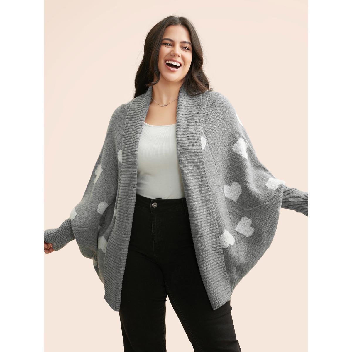 Plus Size Lapel Collar Heart Shaped Cardigan Mediumgray Women Casual Oversized Long Sleeve Everyday Cardigans BloomChic 22-24/3X Product Image