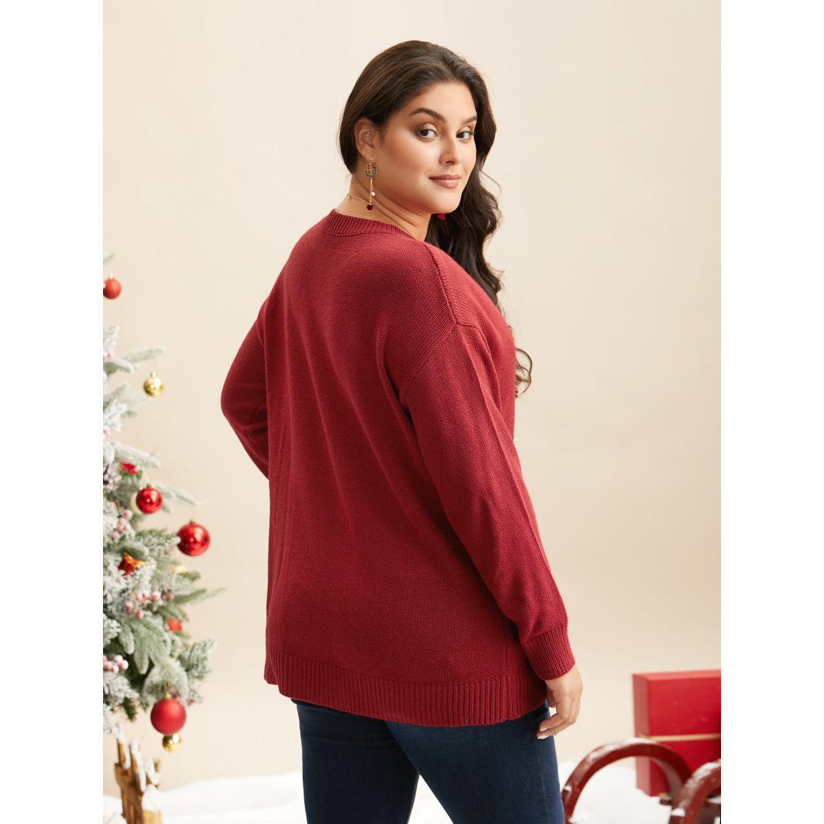 Plus Size Fuzzy Reindeer Motif Crew-Neck Pullover Scarlet Women Casual Loose Long Sleeve Round Neck Everyday Pullovers BloomChic 22-24/3X Product Image