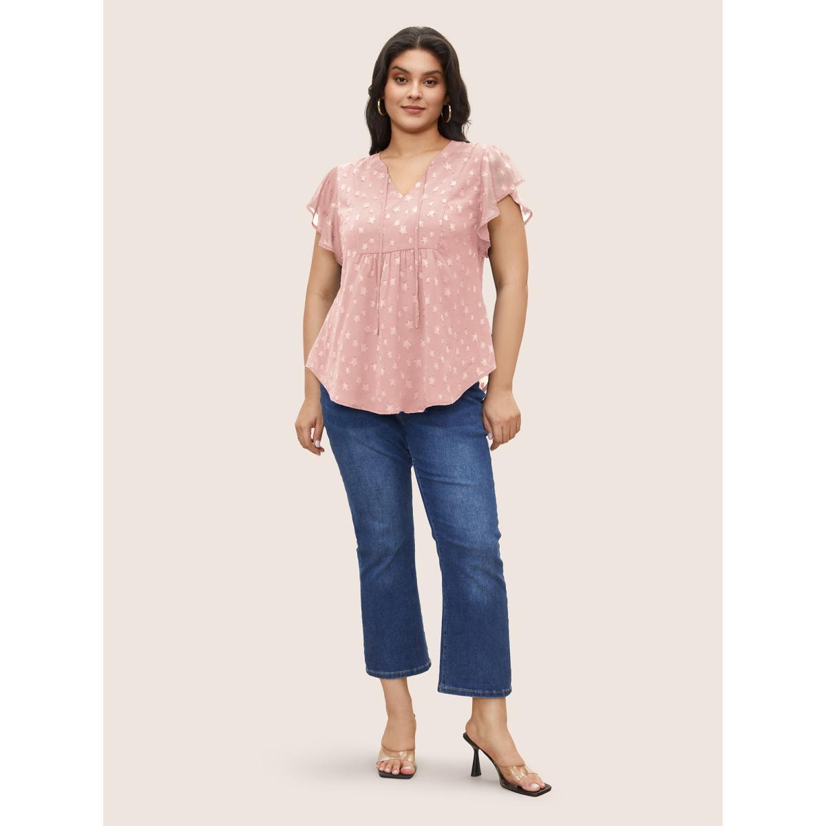 Plus Size Dirtypink Star Mesh Gathered Ruffle Sleeve Blouse Women Elegant Cap Sleeve V-neck Everyday Blouses BloomChic 14-16/1X Product Image