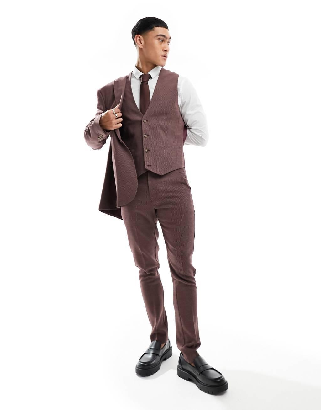 ASOS DESIGN wedding skinny suit vest in burgundy microtexture Product Image
