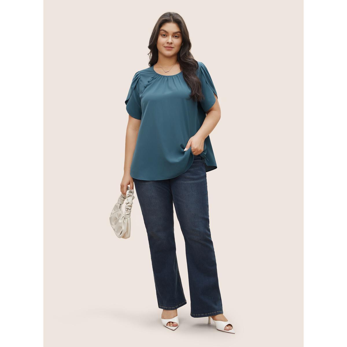 Plus Size Stone Solid Petal Sleeve Gathered Button Detail Blouse Women At the Office Short sleeve Round Neck Work Blouses BloomChic 30/6X Product Image