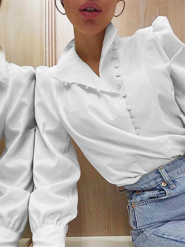 Long Sleeves Loose Solid Color Split-Joint High-Neck Blouses Product Image