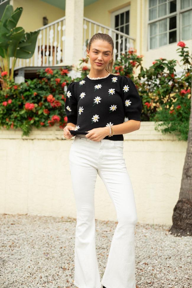Around The Garden Black Floral Embroidered Lace Trim Short Sleeve Sweater SALE Product Image