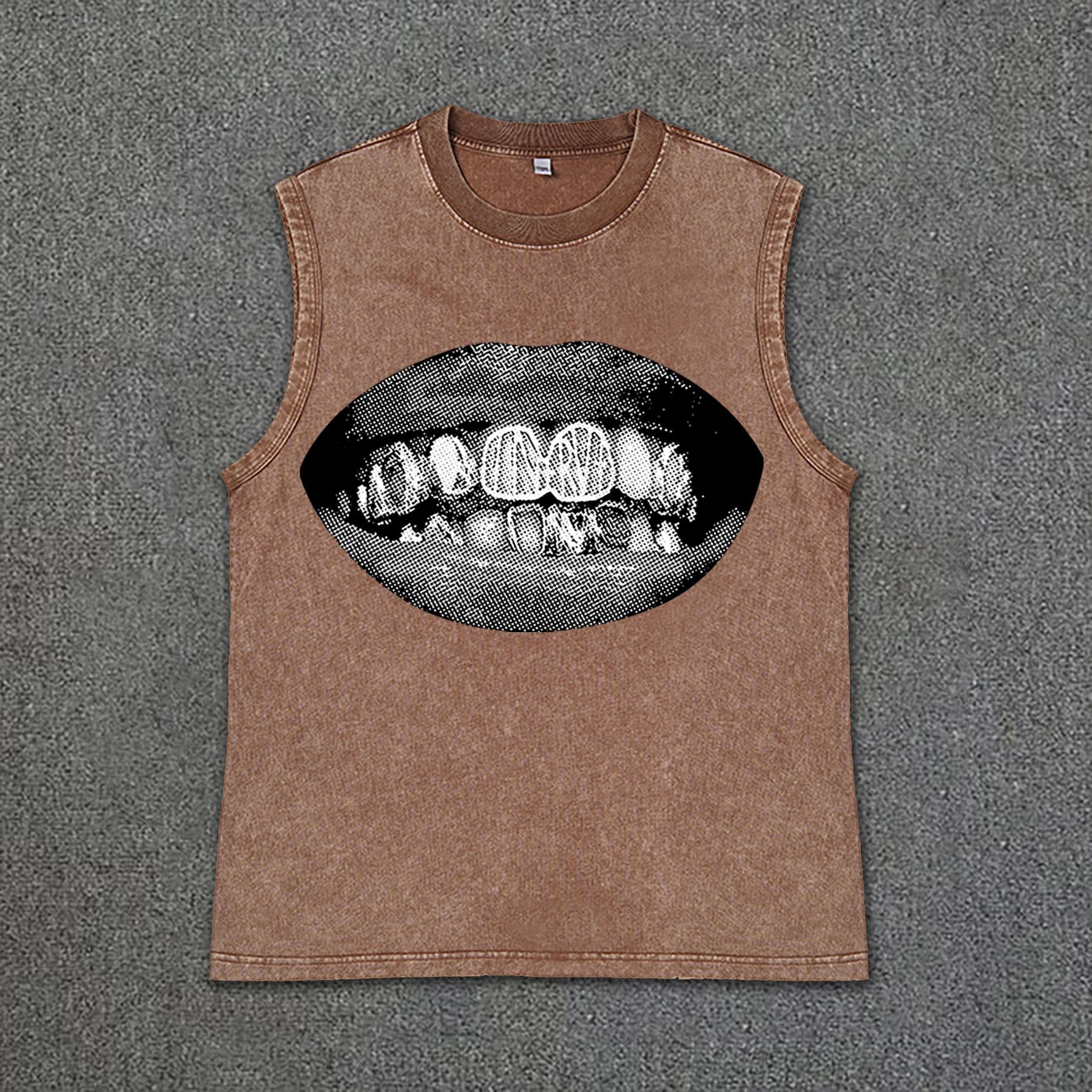 Sopula Men's Retro Casual Unisex Lip Print Vintage Wash Sleeveless Tank Top Product Image