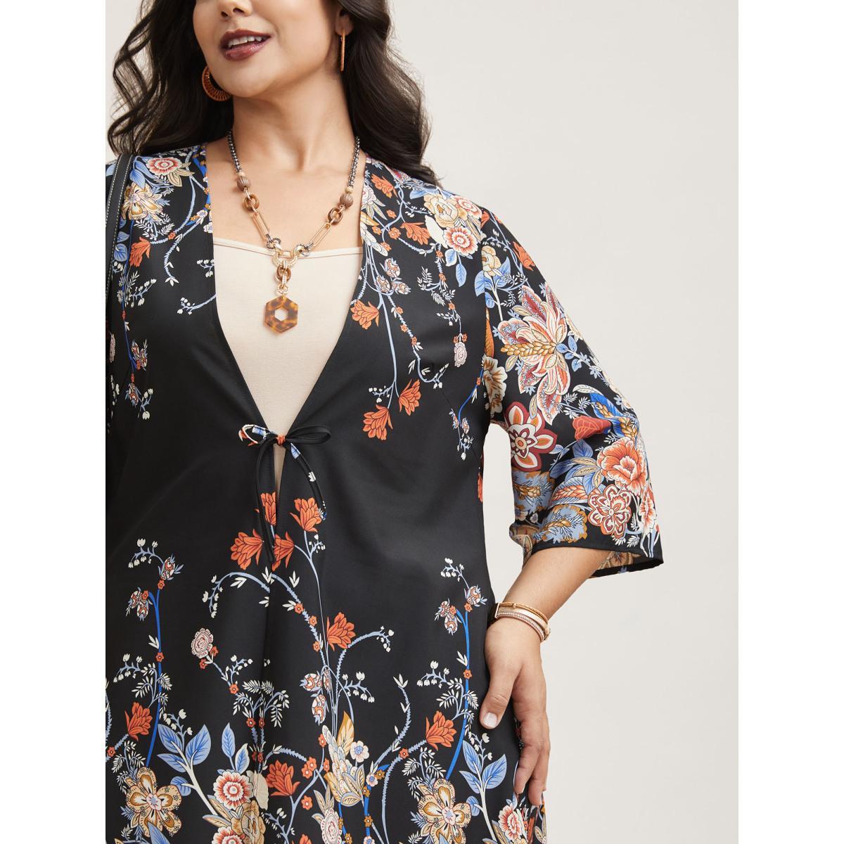 Plus Size Romantic Floral Print Vacation Kimono Cardigan Women Black Resort Tie knot Loose Vacation Kimonos BloomChic 14-16/1X Product Image