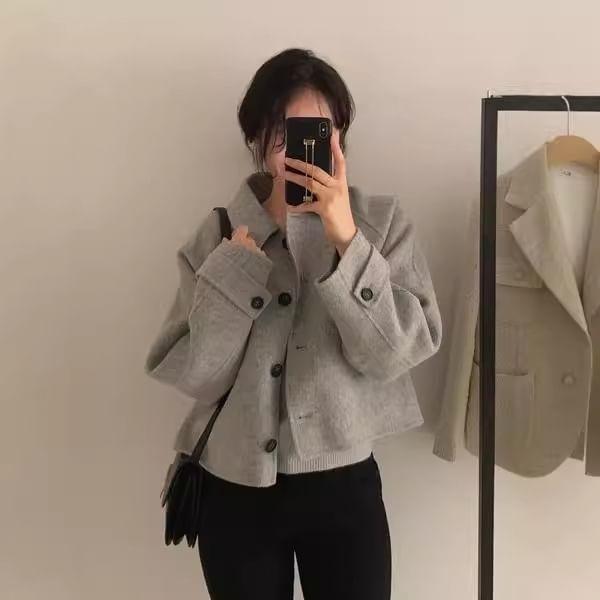 Long Sleeve Collared Plain Button Coat Product Image