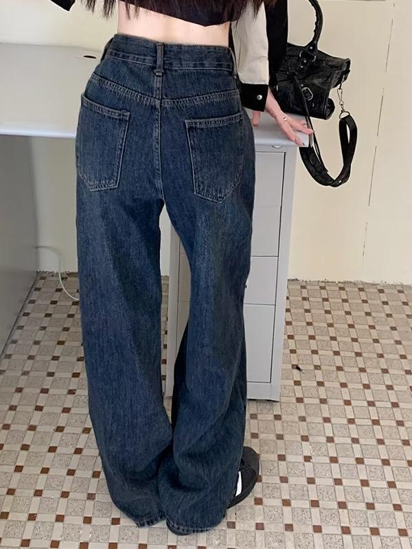 Washed Dark Blue Eyelet Decor High Waist Boyfriend Jeans Product Image