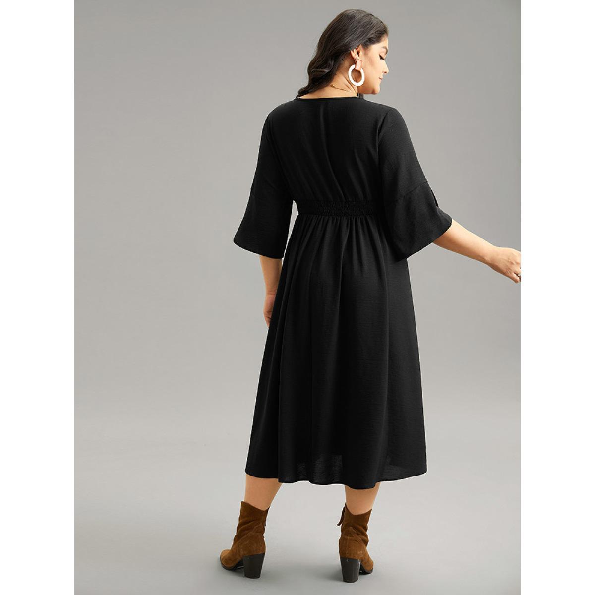 Plus Size Plain Elastic Waist Embroidered Wrap Dress Black Women Vacation Wrap Overlap Collar Elbow-length sleeve Curvy Midi Dress BloomChic 30/6X Product Image