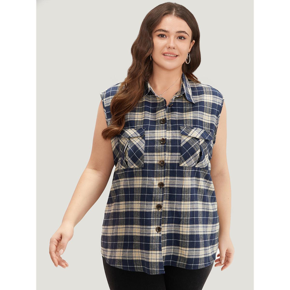 Plus Size Plaid Flap Pocket Button Up Sleeveless Jacket Women Aegean Casual Button Ladies Dailywear Winter Coats BloomChic 18-20/2X Product Image