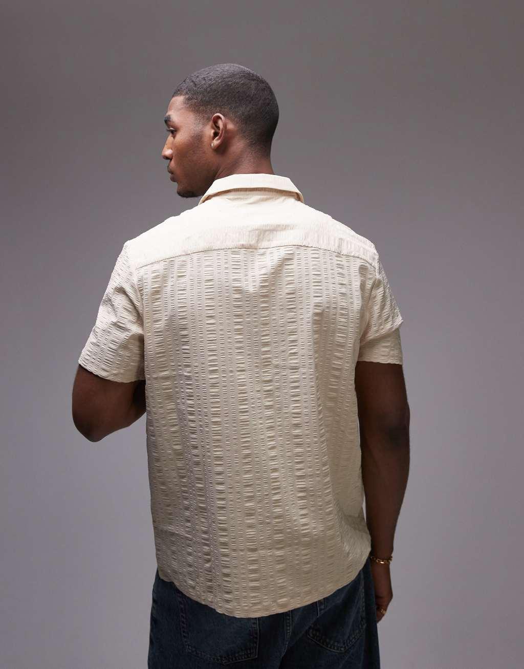 Topman short sleeve seersucker striped shirt in pink Product Image