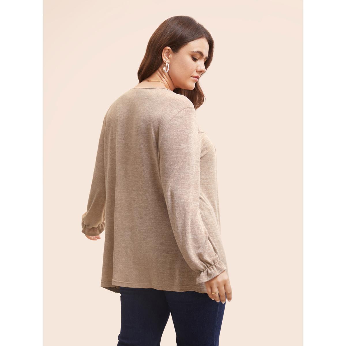 Plus Size Round Neck Heather Pleated T-shirt LightBrown Women Elegant Pleated Round Neck Loose Everyday T-shirts BloomChic 26/4X Product Image