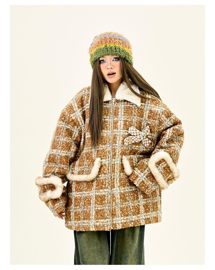 Lapel Collar Plaid Bow Detail Oversized Zip Coat Product Image