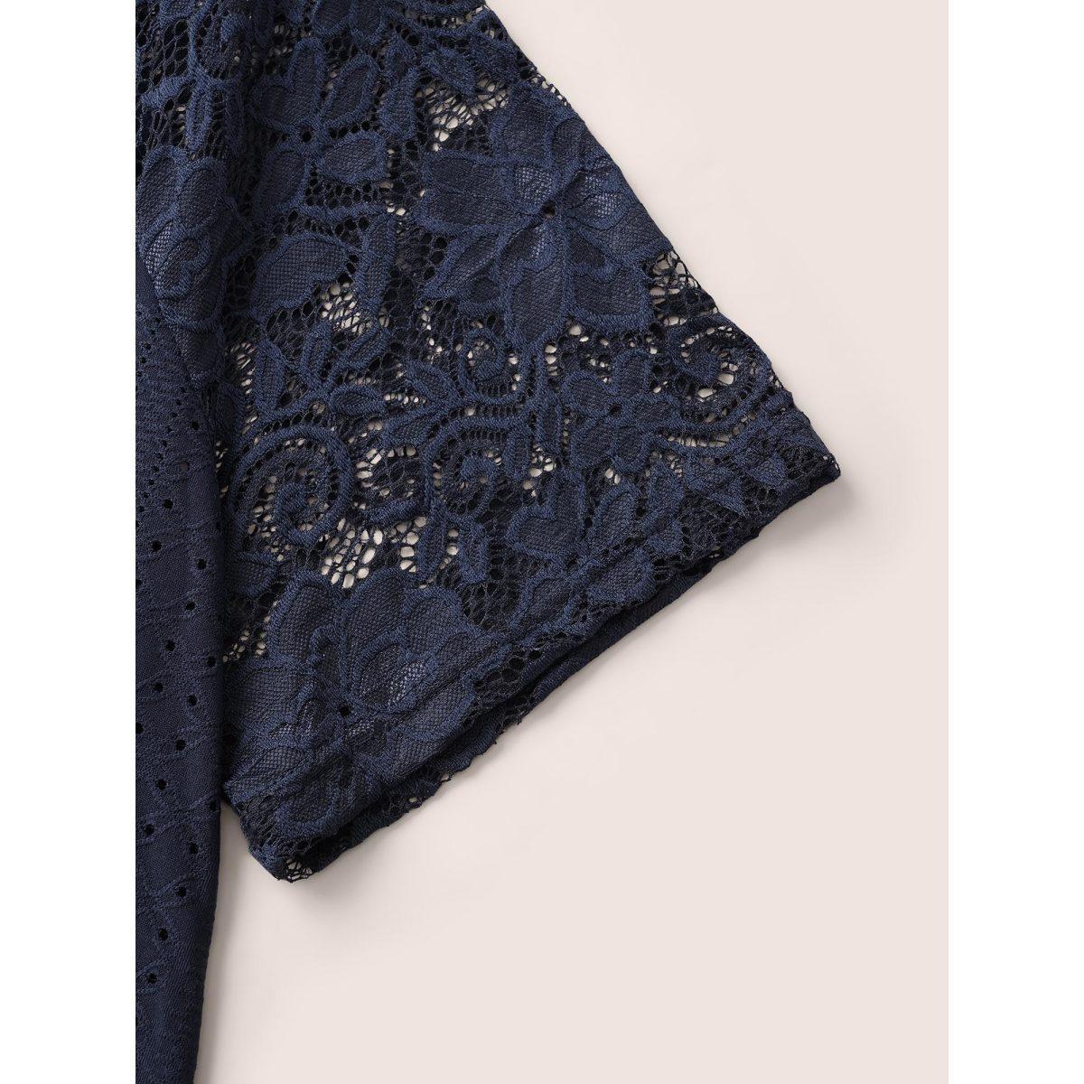 Plus Size Solid Broderie Anglaise Lace Raglan Sleeve T-shirt Midnight Women Elegant See through Plain Round Neck Everyday T-shirts BloomChic 30/6X Product Image