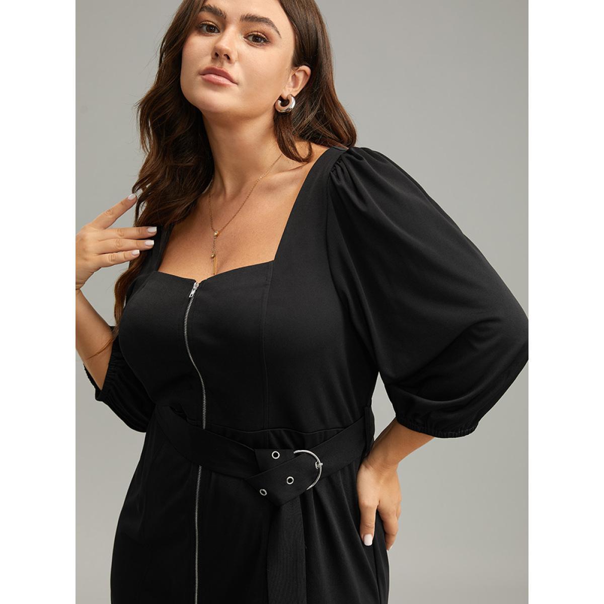 Plus Size Plain Square Neck Belted Metal Detail Zipper Dress Black Women Office Plain Square Neck Elbow-length sleeve Curvy Knee Dress BloomChic 10/M Product Image