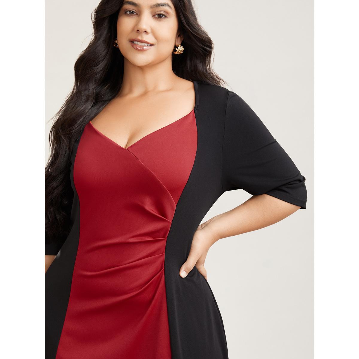 Plus Size Color Block Fitted Waist Overlap Neck Dress Burgundy Women At the Office Contrast Knit Dresses Bloomchic 18-20/2X Product Image