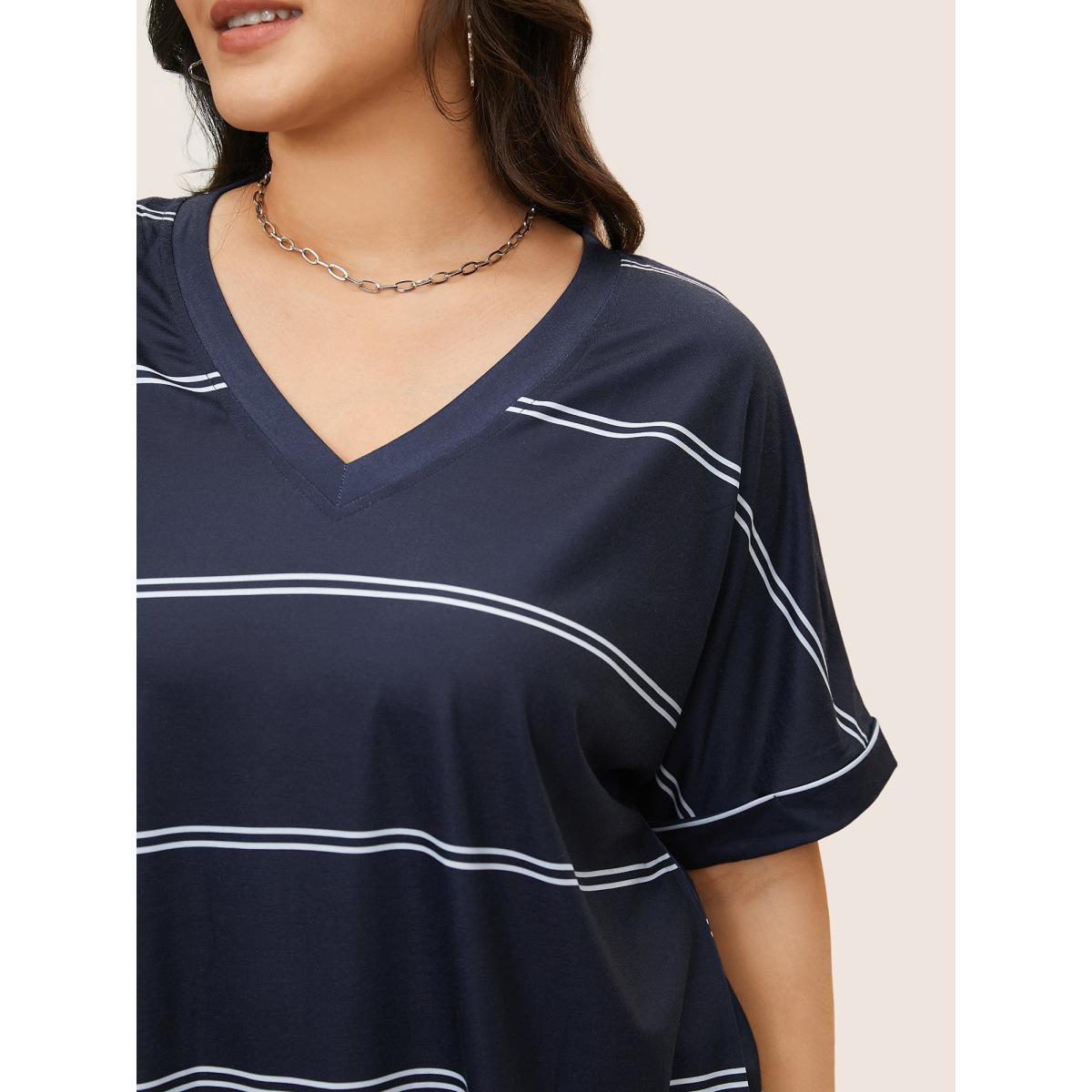 Plus Size Striped Contrast Dolman Sleeve T-shirt Navy Women Casual Striped V-neck Everyday T-shirts BloomChic 14-16/1X Product Image