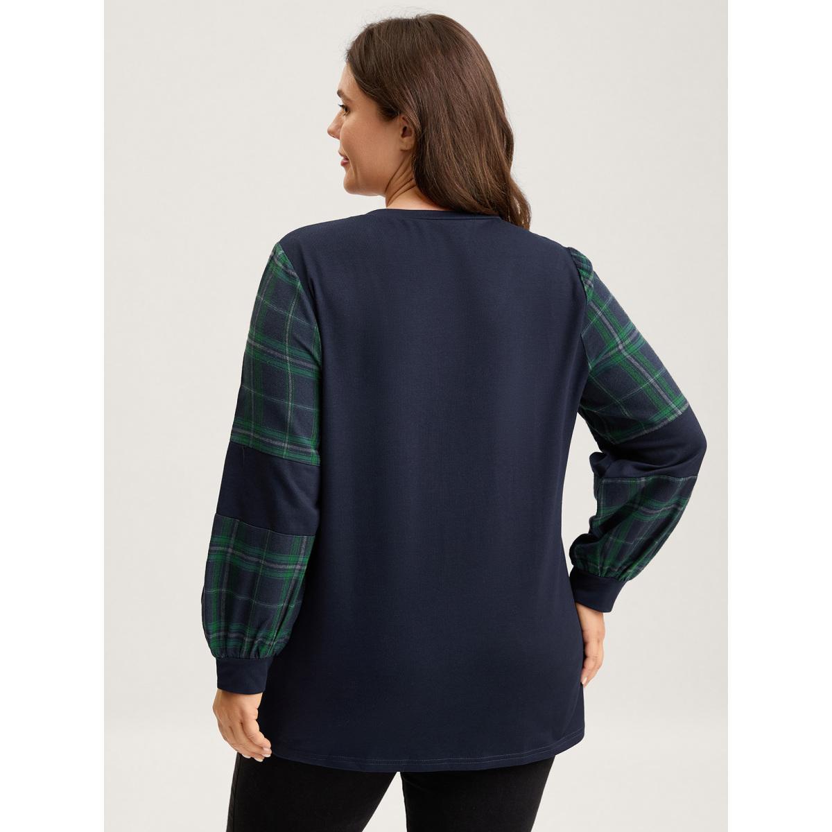 Plus Size Plaid Sleeve Color Contrast Sweatshirt Women Indigo Contrast Loose V-neck Everyday-Casual Sweatshirts BloomChic 14-16/1X Product Image