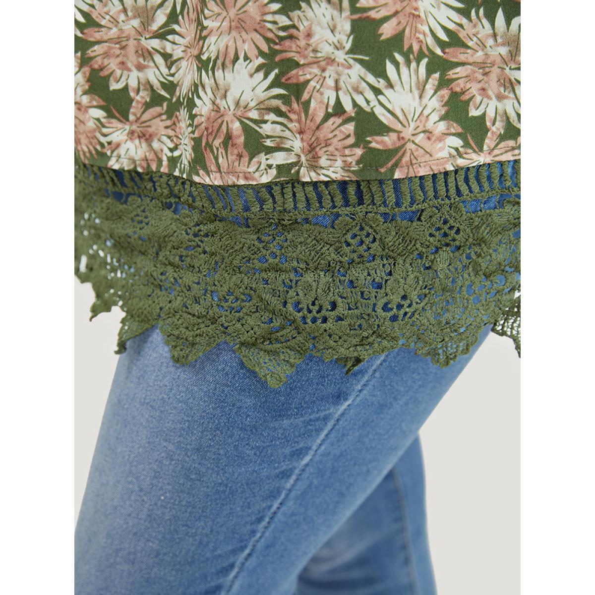 Plus Size Sage Plant Print Tiered Sleeve Lace Hem Blouse Women Vacation Short sleeve Round Neck Dailywear Blouses BloomChic 12/L Product Image