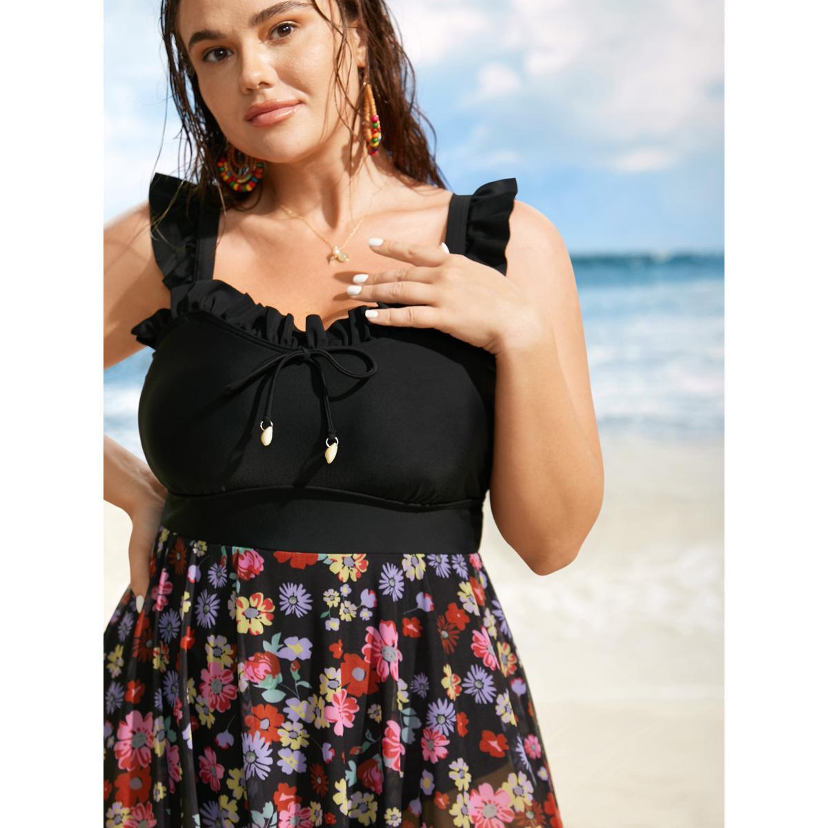 Plus Size Floral Mesh Patchwork Ruffles Tie Knot Swim Dress Women's Swimwear Black Beach Bodycon Heart neckline High stretch Curve Swim Dresses BloomChic 18-20/2X Product Image