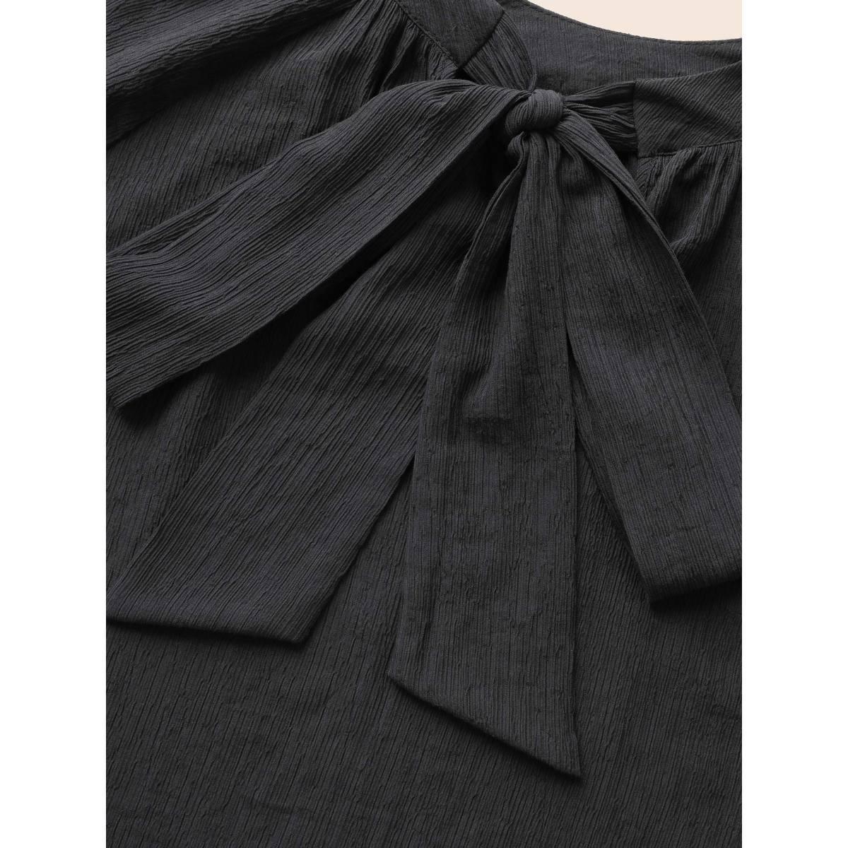 Plus Size Black Textured Ribbon Collar Blouse Women At the Office Long Sleeve Ribbon-tied collar Work Blouses BloomChic 14-16/1X Product Image