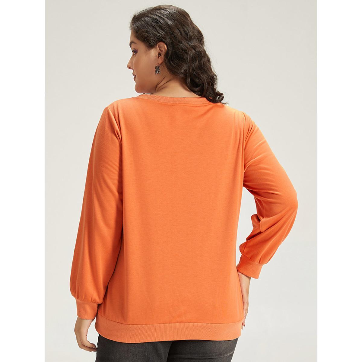 Plus Size Halloween Pumpkin Crew Neck Elastic Cuffs Sweatshirt Women Coral Casual Elastic cuffs Festival-Halloween Sweatshirts BloomChic 18-20/2X Product Image