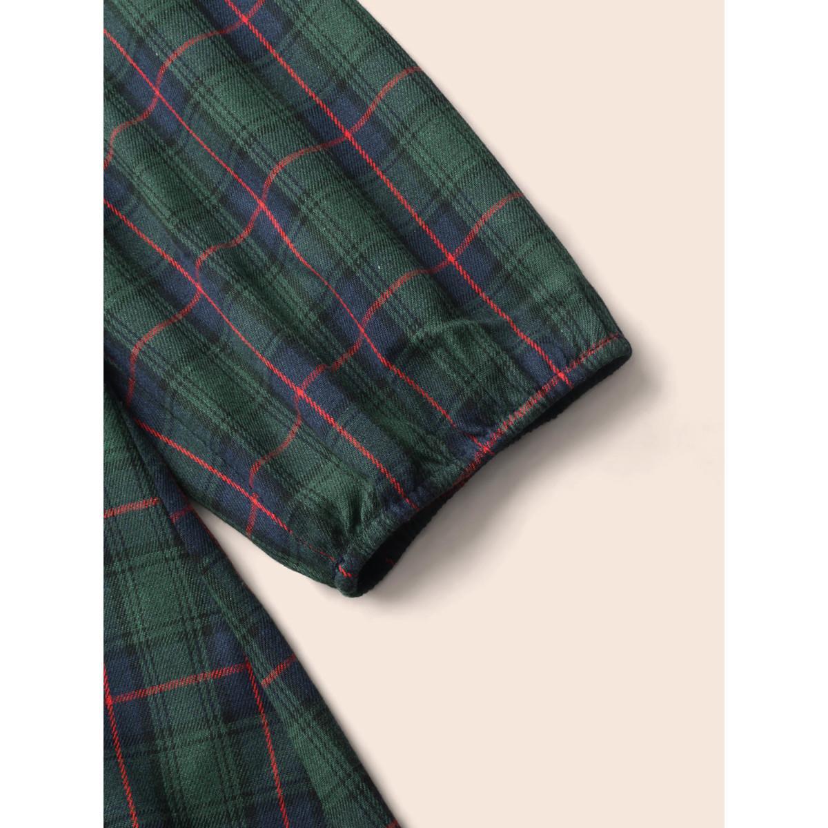 Plus Size DarkGreen Plaid Button Detail Lantern Sleeve Blouse Women Elegant Elbow-length sleeve V-neck Everyday Blouses BloomChic 30/6X Product Image