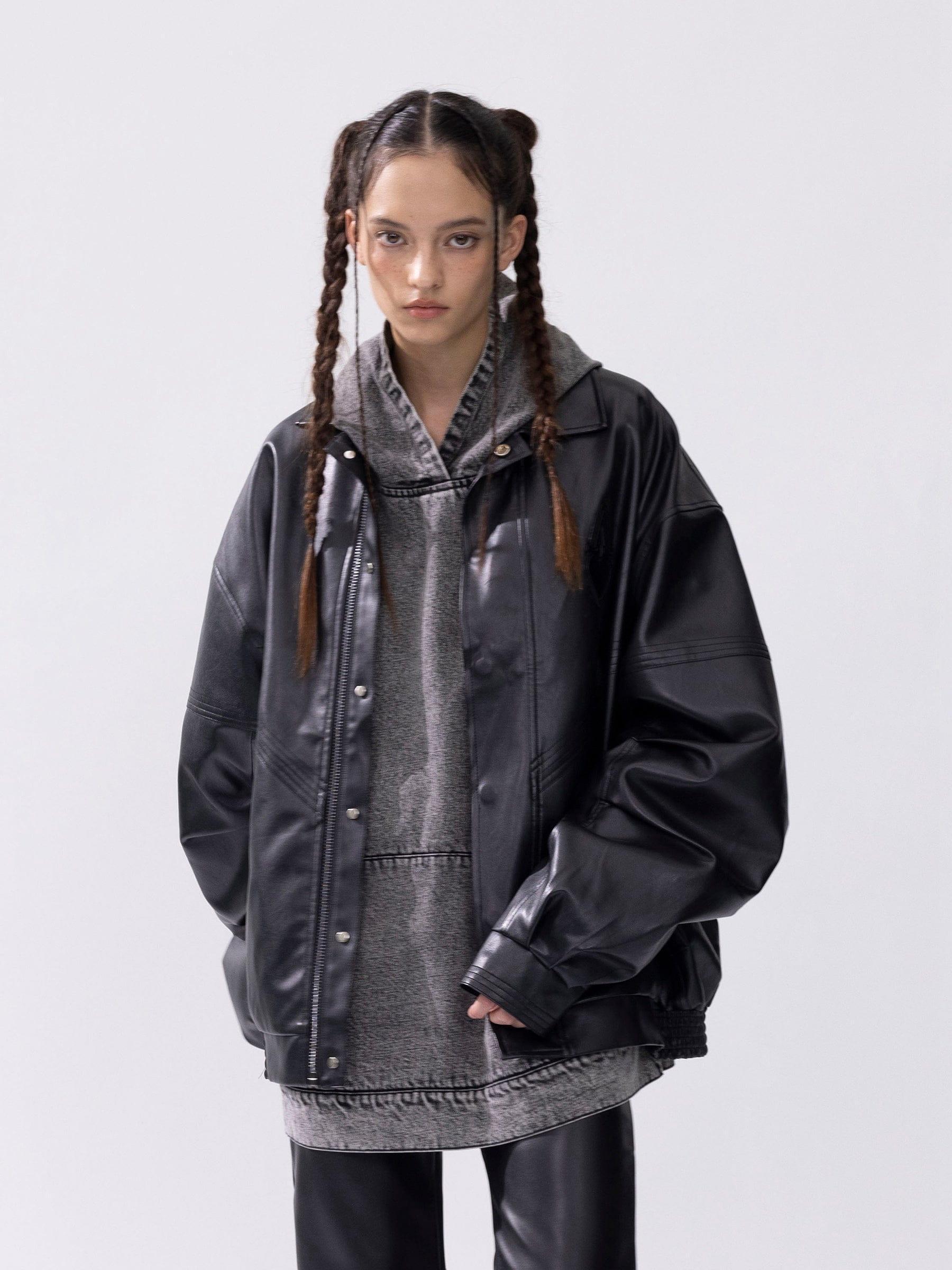 Aelfric Eden Zip Up Ruched Leather Jacket Product Image