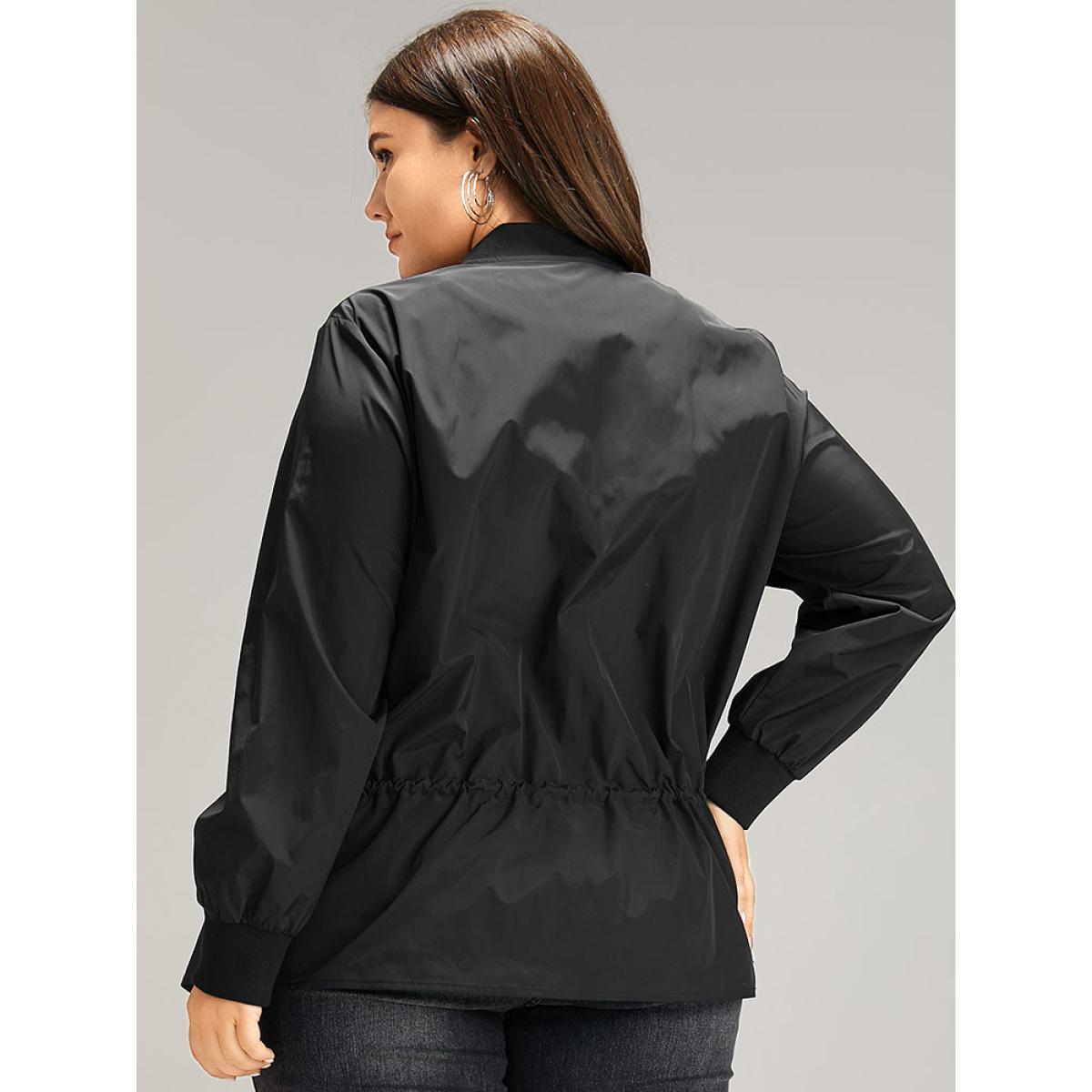 Plus Size Wind-Resistant Zipper Fly Drawstring Jacket Women Black Plain Pocket Dailywear Jackets BloomChic 28/5X Product Image
