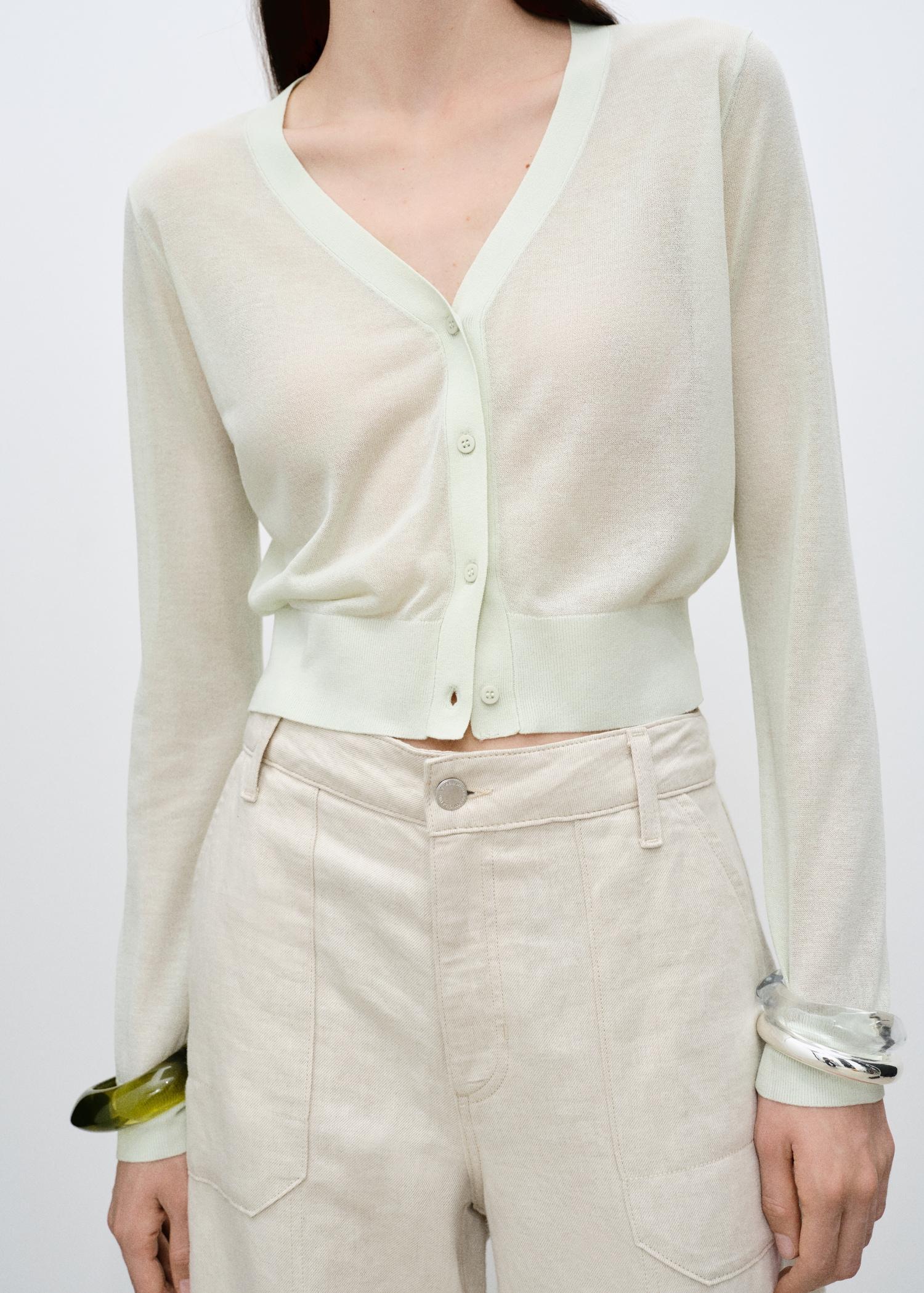 Semi-transparent cropped knitted cardigan - Women | MANGO USA Product Image