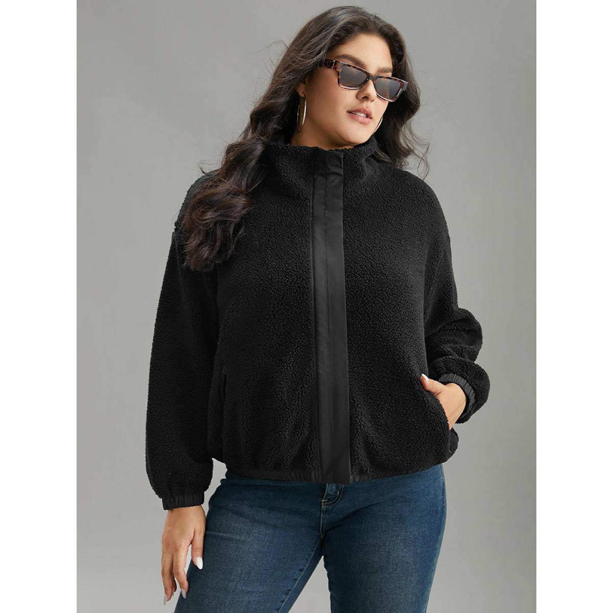 Plus Size Solid Patchwork Button Up Pocket Zipper Jacket Women Black Zipper Pocket Dailywear Jackets BloomChic 26/4X Product Image