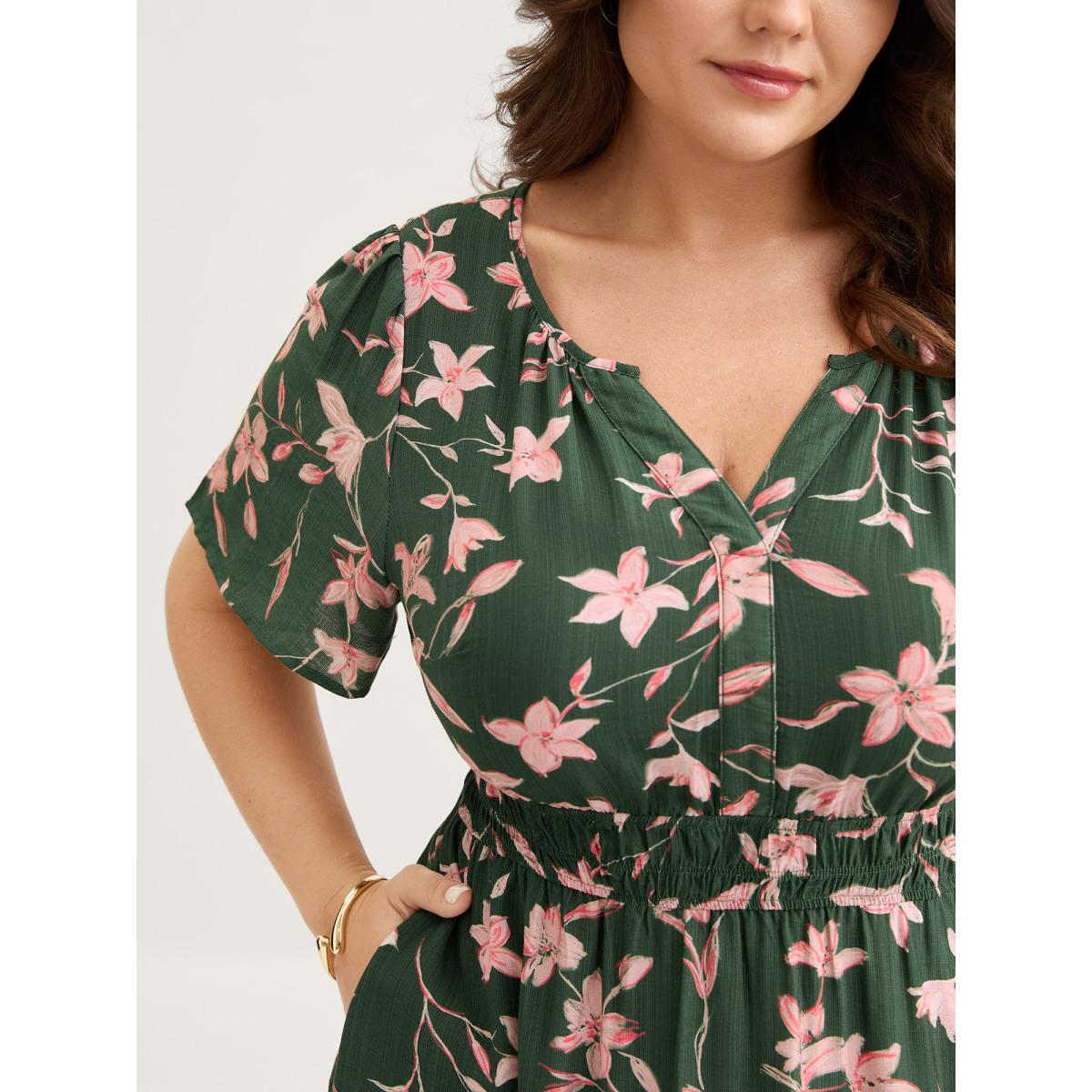 Plus Size Breezy Floral Shirred Waist Midi Dress DarkGreen Women Flat collar with V-notch Short sleeve Curvy BloomChic 12/L Product Image